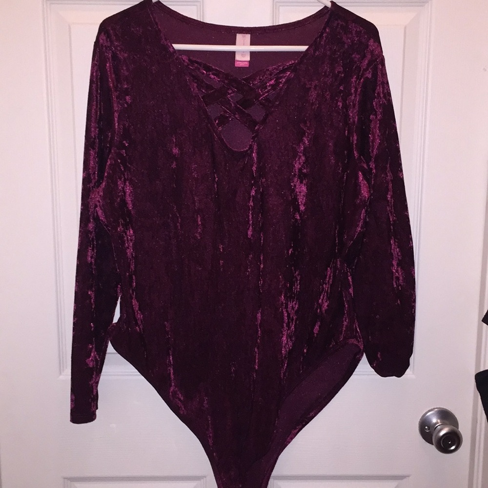 Burgundy Velvet Bodysuit with Criss-Cross Detail